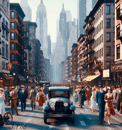 a painting of a city street scene with a car