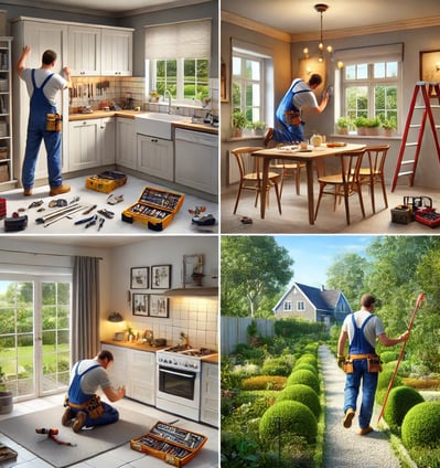 une personnes en salopette travaillant dans une maison dans diverses situations 