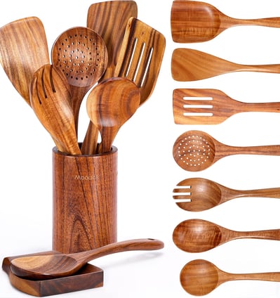 Wooden Kitchen Utensil Set with Spoon Rest
