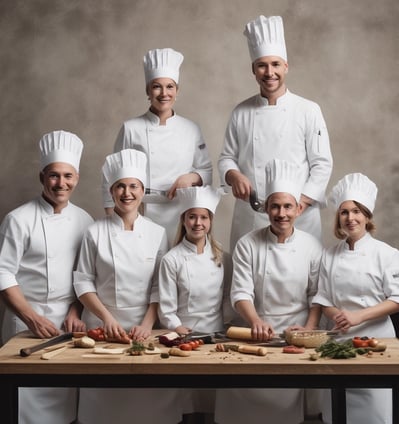 A commercial kitchen setting with chefs in white uniforms and black hats working at the counter. The kitchen is equipped with shiny metal bowls, cooking pots, and utensils. The background features a wall adorned with vibrant photographs of musicians.