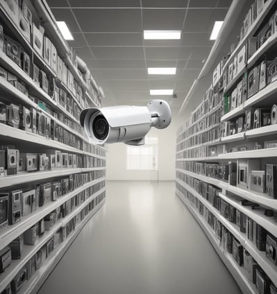 A security camera with a sleek, cylindrical design is illuminated with blue and red lighting. The brand name 'Briton' is visible on the side of the camera. The camera lens reflects a bright blue light, contrasting sharply against the dark background.