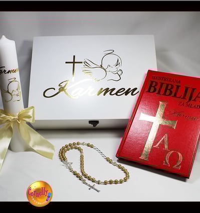 Personalizirani set za prvu pričest i krizmu s krunicom i Biblijom