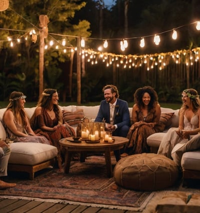 Mariés riant avec leurs proches dans un coin lounge chaleureux
