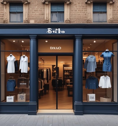 A well-organized clothing store with racks of assorted garments on both sides, featuring a mix of colors and styles. The space is brightly lit with white walls and a minimalist design, and a potted plant adds a touch of greenery.