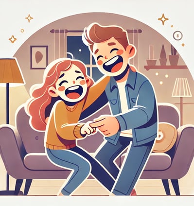 A fun and playful cartoon-style illustration of a couple laughing together while dancing in their living room, representing c