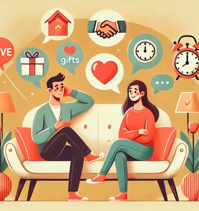 Cartoon illustration of a loving couple having a deep conversation, with love language icons floating above them, symbolizing