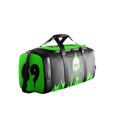 a green duffel bag with a skull and skull head