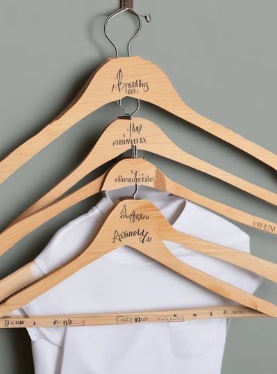 Several white hangers on a rack, each customized with cursive names in gold lettering. Some hangers hold black and beige garments. One hanger is adorned with a decorative white bow featuring a small jewel.