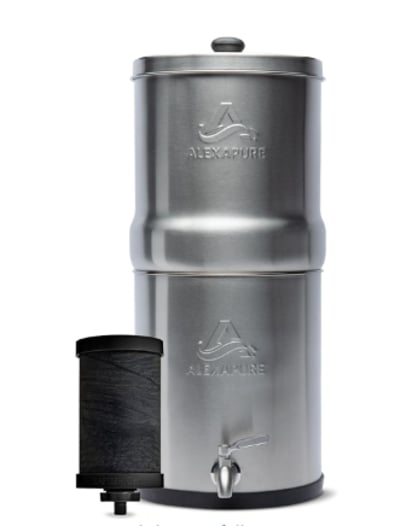 Alexapure Pro stainless steel gravity-fed water filtration system — no electricity needed
