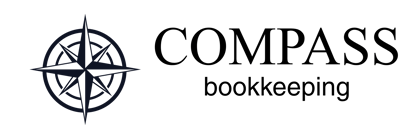 Compass Bookkeeping logo. 8-point black and white compass rose with the words Compass bookkeeping
