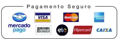 Medios de pago seguros: visa, mastercard, mercado pago, hipercard, caixa, boleto y mas.