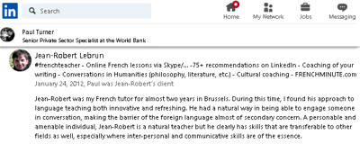 Example 6 of LinkedIn recommendations written for French teacher Jean-Robert Lebrun