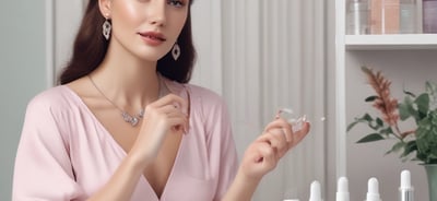 A neatly arranged collection of luxury skincare products placed inside an elegant white leather bag. The items are set against a backdrop of fashion magazines on a wooden surface, giving a sense of sophistication and style.