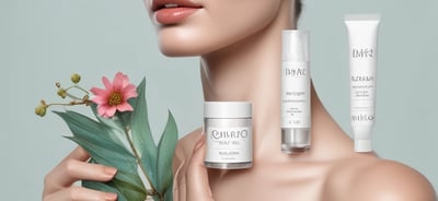 A collection of cosmetic and skincare products laid out on a white surface. These include facial masks, creams, and serums from various brands. The items are casually arranged, with some still in their packaging. The scene includes both rectangular and cylindrical packages with colorful labels.