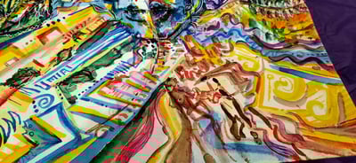 détails d'une aquarelle aux couleursvoves entre abstrait et figuratif, nature, végétation, eau, corps et visage