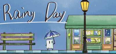 a cartoon character holding an umbrella in front of a building
