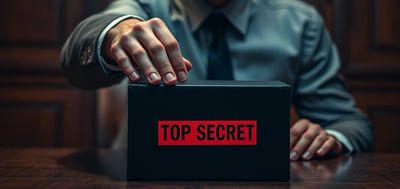 Homem bem vestido ao fundo, com a mão sobre uma caixa preta, com faixa vermelha escrito "TOP SECRET"