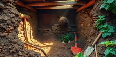 Natural landscape featuring a partially excavated root cellar, surrounded by rich, earthy soil.