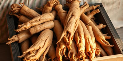 A close-up photograph of freshly harvested licorice roots in a shallow, rustic wooden crate.