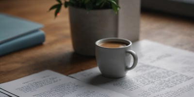 Coffee mug and books on a desk with a decorative plant.