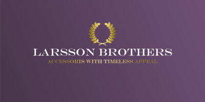 Larsson Brothers official logo. White text with a golden wreath above on purple background.