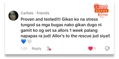 Customer testimonials highlighting positive reviews for Allors Skincare on Shopee.