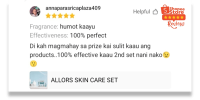 Shopee shoppers share glowing reviews and results after using Allors Skincare.