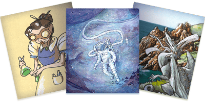 3 illustrations d'hasur en digital et en traditionnel montrant une chimiste, un astronaute et un dragon bigoudène