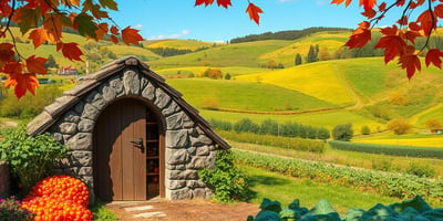 Countryside scene featuring a rustic root cellar nestled among rolling hills.