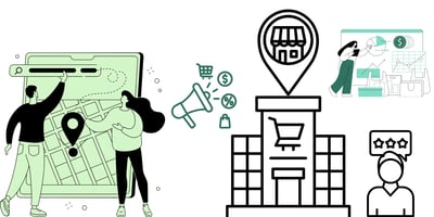A digital map, storefront icon with a location pin, analytics dashboard, and marketing symbols representing local seo