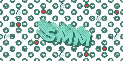 A stylized graphic featuring the large 3D letters “SMM” against a repeating background of speech bubbles.