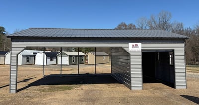 20x31x10 Combo Utility Shed with Carport — Metal roof, gray, black trim at Texarkana AR