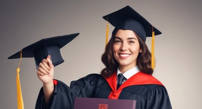 A person wearing a graduation cap and gown is standing confidently in front of a modern building with geometric patterns and a visible sign reading 'BAU'. The background also displays flags and mountains in the distance.