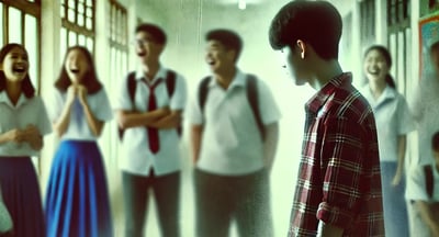 Student in plaid shirt stands in hallway as classmates laugh behind them.