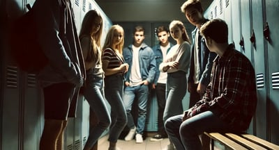 Teen alone near lockers. School bullying, social exclusion, emotional distress, anxiety, tension