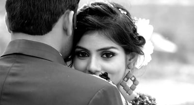 an modern asian couple in black and white on their special day