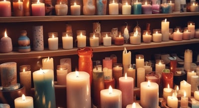 A collection of artisan candles with dried flowers and herbs embedded in the wax is arranged on a wooden surface. The candles vary in size, with some in glass containers. The dried flowers include lavender and rose petals, adding a rustic and handmade aesthetic. Soft lighting enhances the warm and cozy atmosphere.