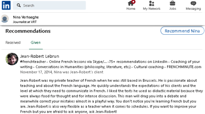 Example 8 of LinkedIn recommendation written for French teacher Jean-Robert Lebrun