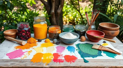 A vibrant table filled with colorful natural paint ingredients,