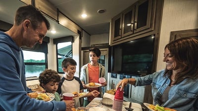 a man, woman, and three children eating a meal in an RV