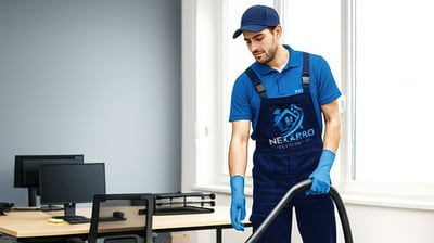 Nexa Pro cleaning desks and breakroom area in office