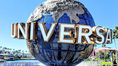 The iconic Universal globe fountain outside of Universal Studios Florida