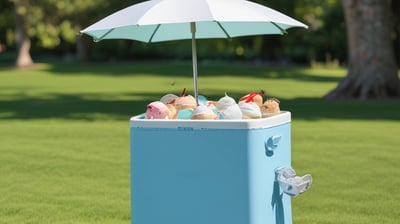 A decorative white ice cream cart adorned with a vibrant bouquet of flowers and a large pink ribbon. The cart is positioned on a colorful, circular-patterned floor with bamboo plants and a tall building in the background. Nearby, there is a whiteboard with information and a tent-style cover.