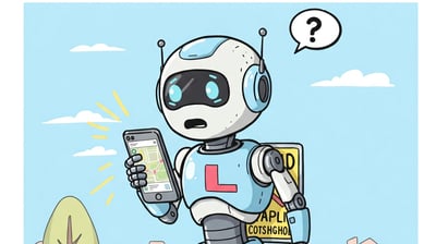 Robot mirando un smartphone al revés sin entenderlo. Lleva una L de prácticas.