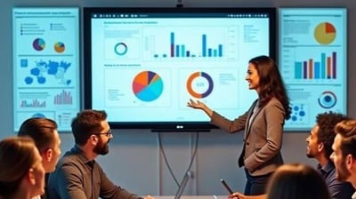 Gestores em reunião usando o Power BI