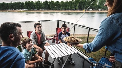 a family eating cookies on an RV deck