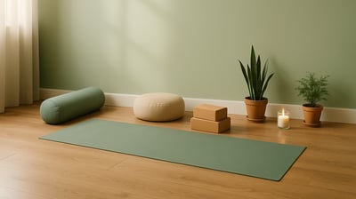 Yoga-Platz: grüne Matte, Korkblöcke und Kerze vor salbeigrüner Wand.