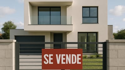 Chalet moderno en venta con cartel "Se vende" en la verja frontal