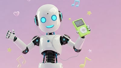 Robot humanoide bailando con un MP3 en la mano.