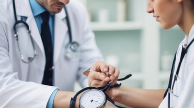 A medical professional is performing a procedure on a patient's leg in a clinical setting. The patient is lying on a table with blue surgical drapes covering most of their body. An ultrasound machine displays an image, possibly of the patient's leg, while a monitor hangs on the wall behind them.